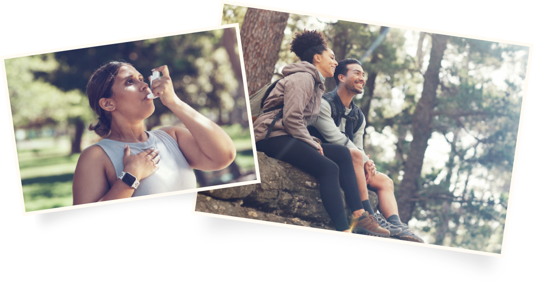 Photo of woman outdoors using inhaler. Photo of couple outdoors smiling.